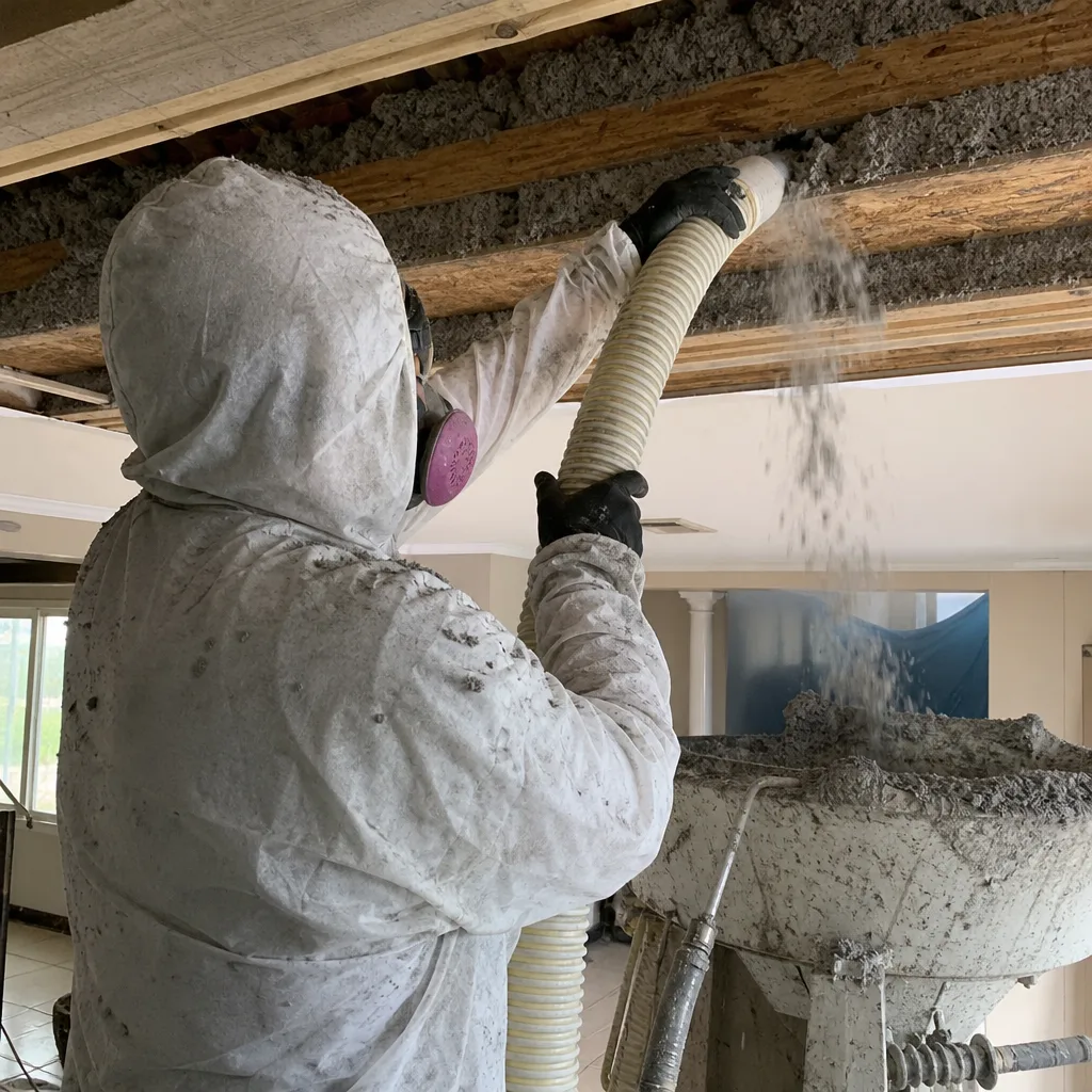 Professional performing attic insulation removal with industrial vacuum equipment