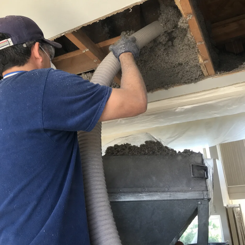 Technician performing professional cellulose insulation removal from a residential ceiling cavity
