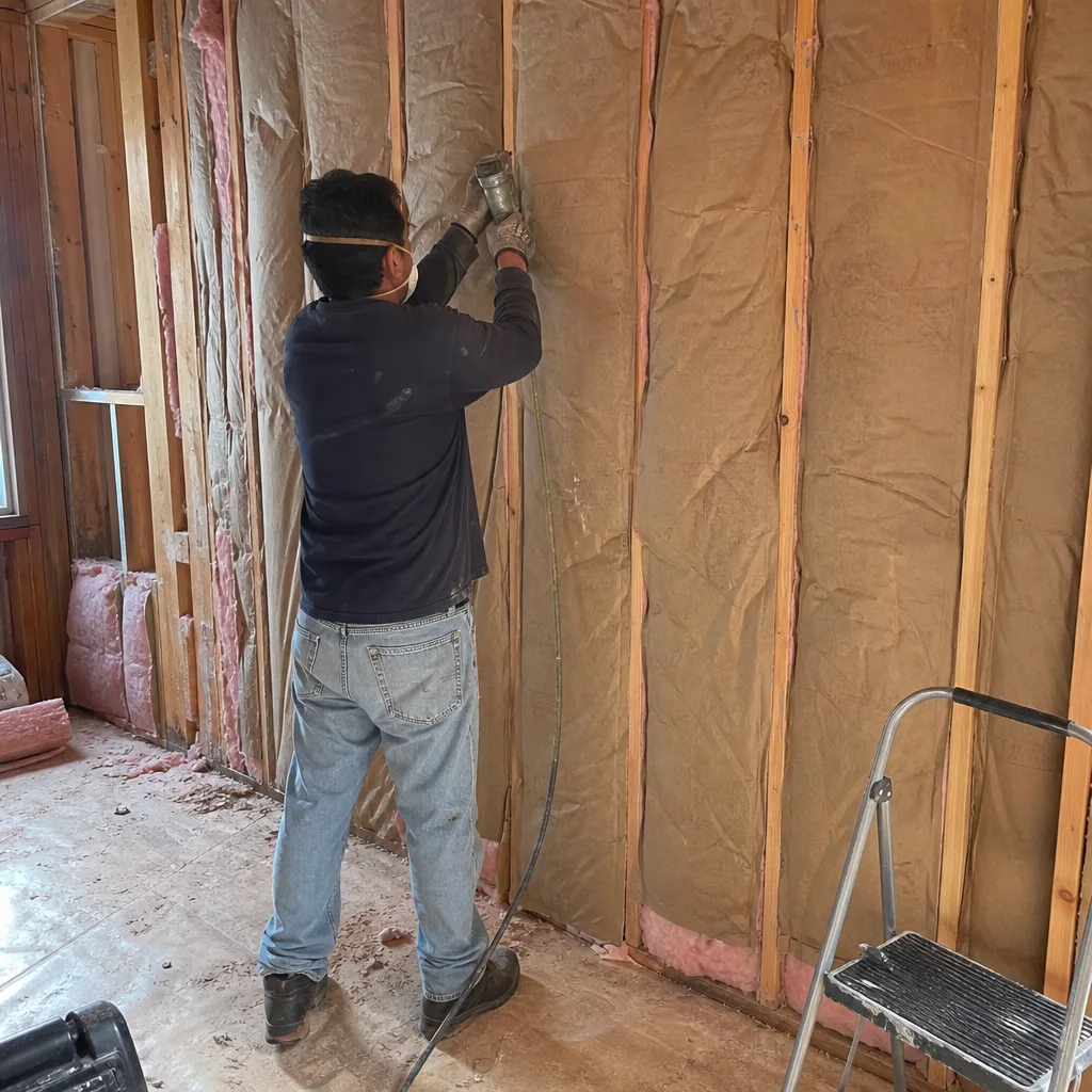 Worker installing fiberglass insulation between wooden wall studs in home construction