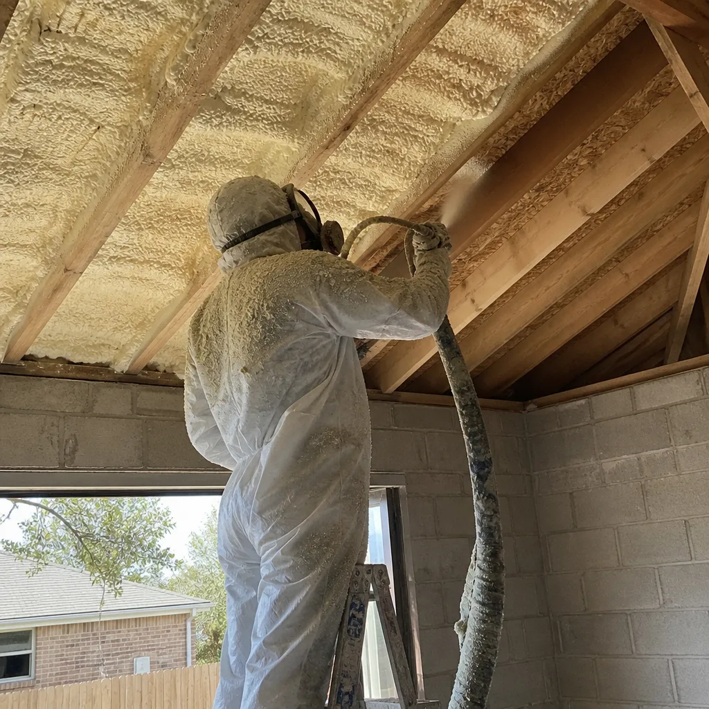 Professional contractor applying spray foam insulation to ceiling joists
