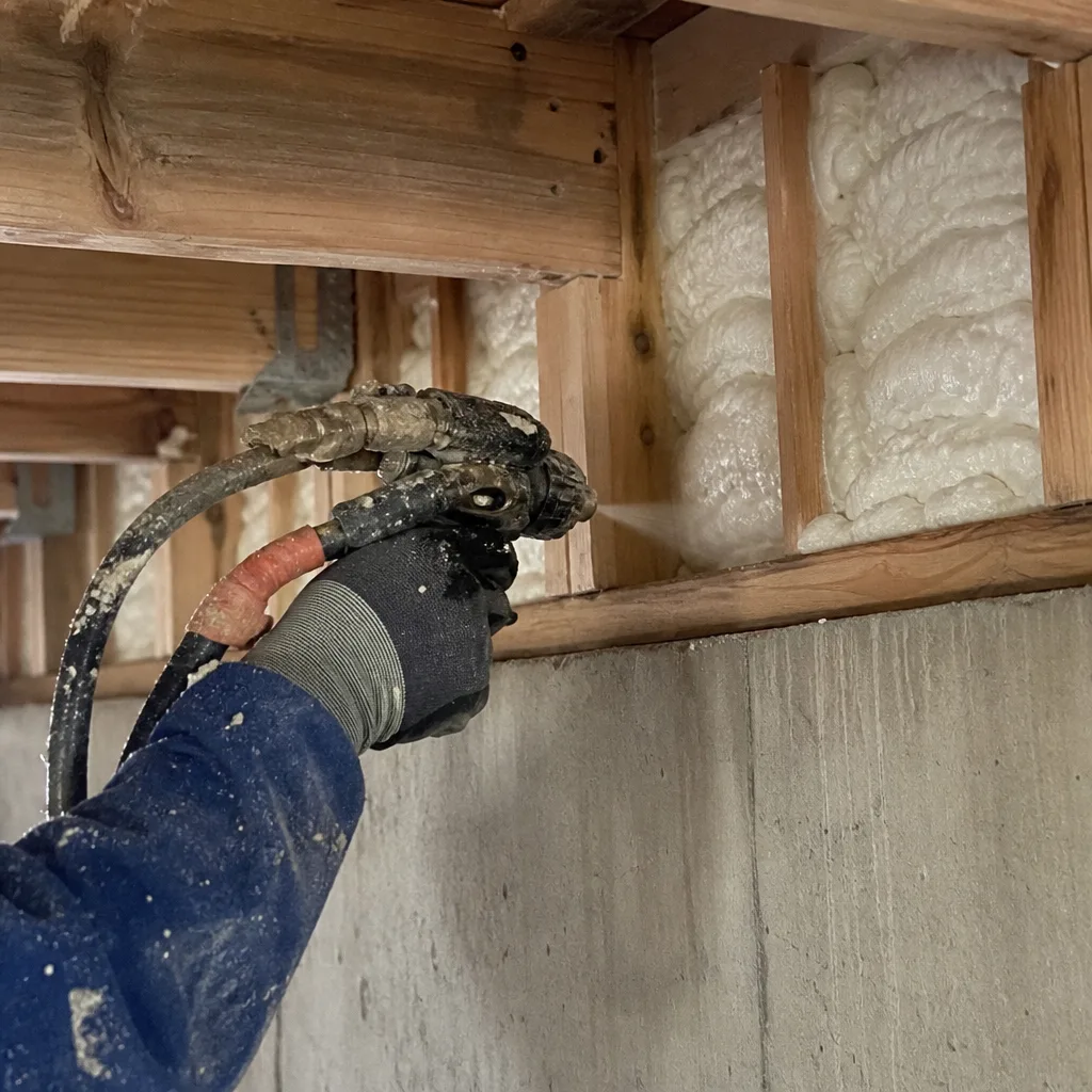 Professional applying spray foam insulation between wooden joists.