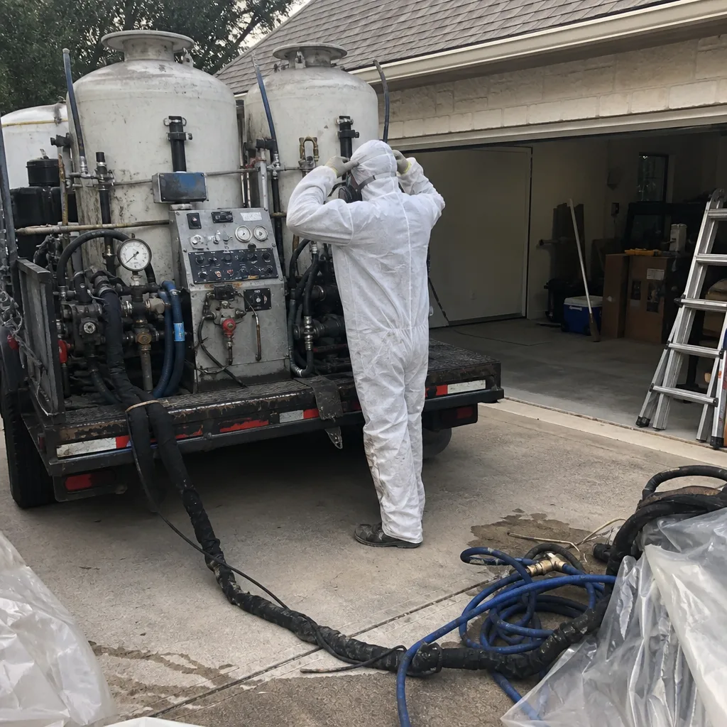 Technician in protective suit using professional spray foam insulation equipment